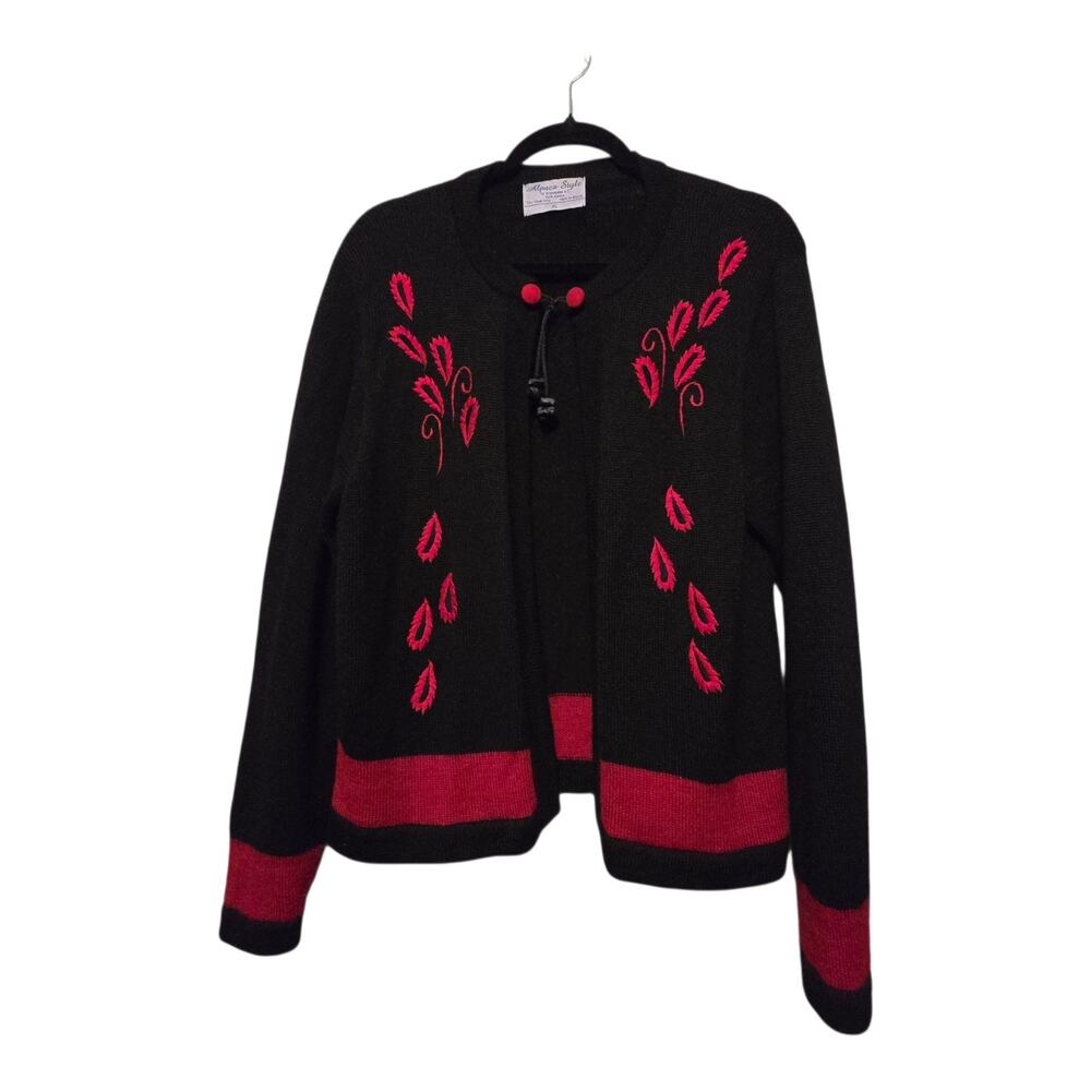 Artesanias‎ AT Floral Alpaca Cardigan Sweater Women's XL Red Black Luxury Soft